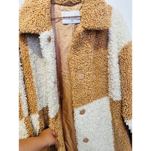 STAND STUDIO Brown White Checkered Pattern Faux Fur Oversized Nikki Coat Size 44 - Picture 13 of 16